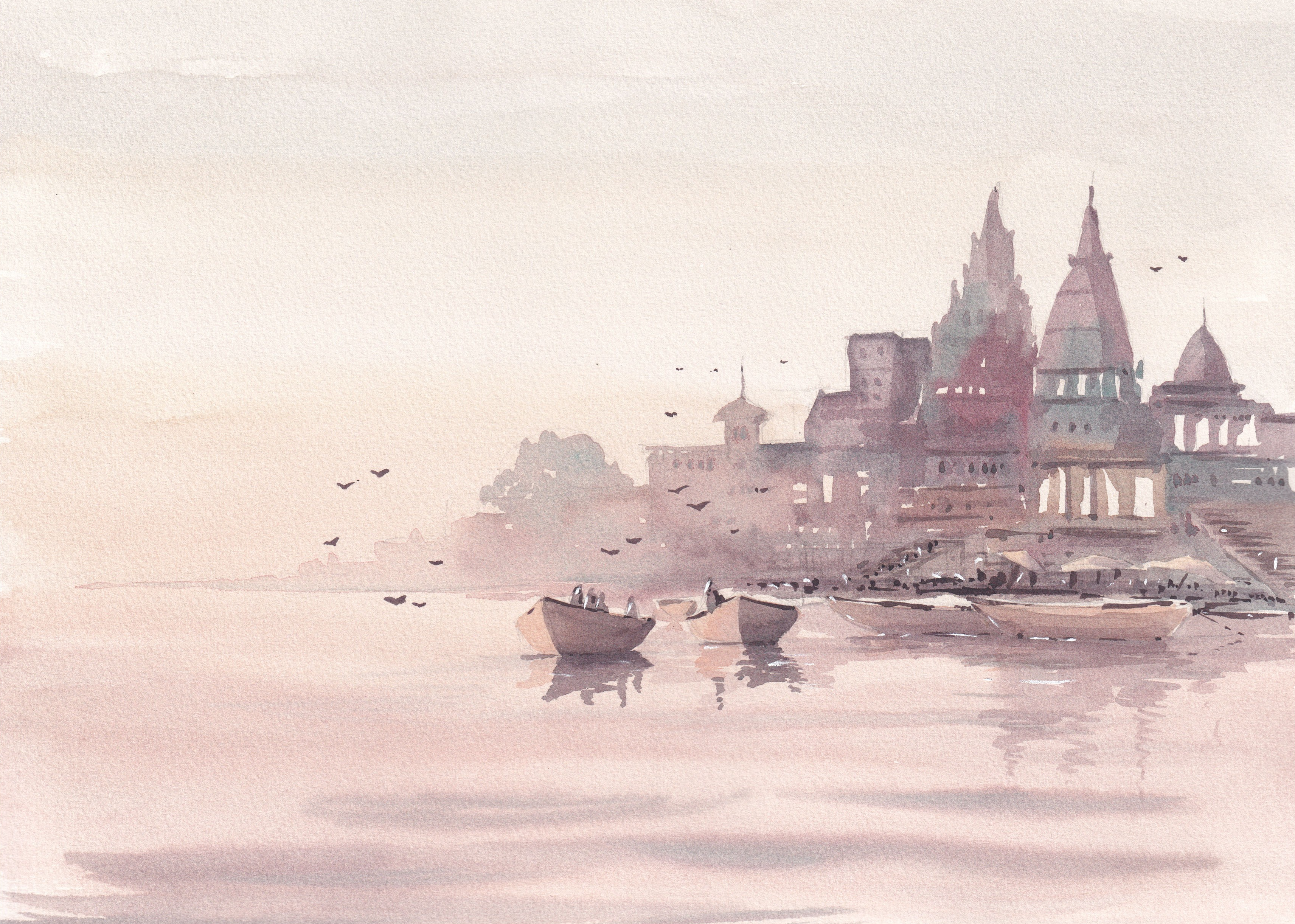 Watercolour of riverside architecture and boats